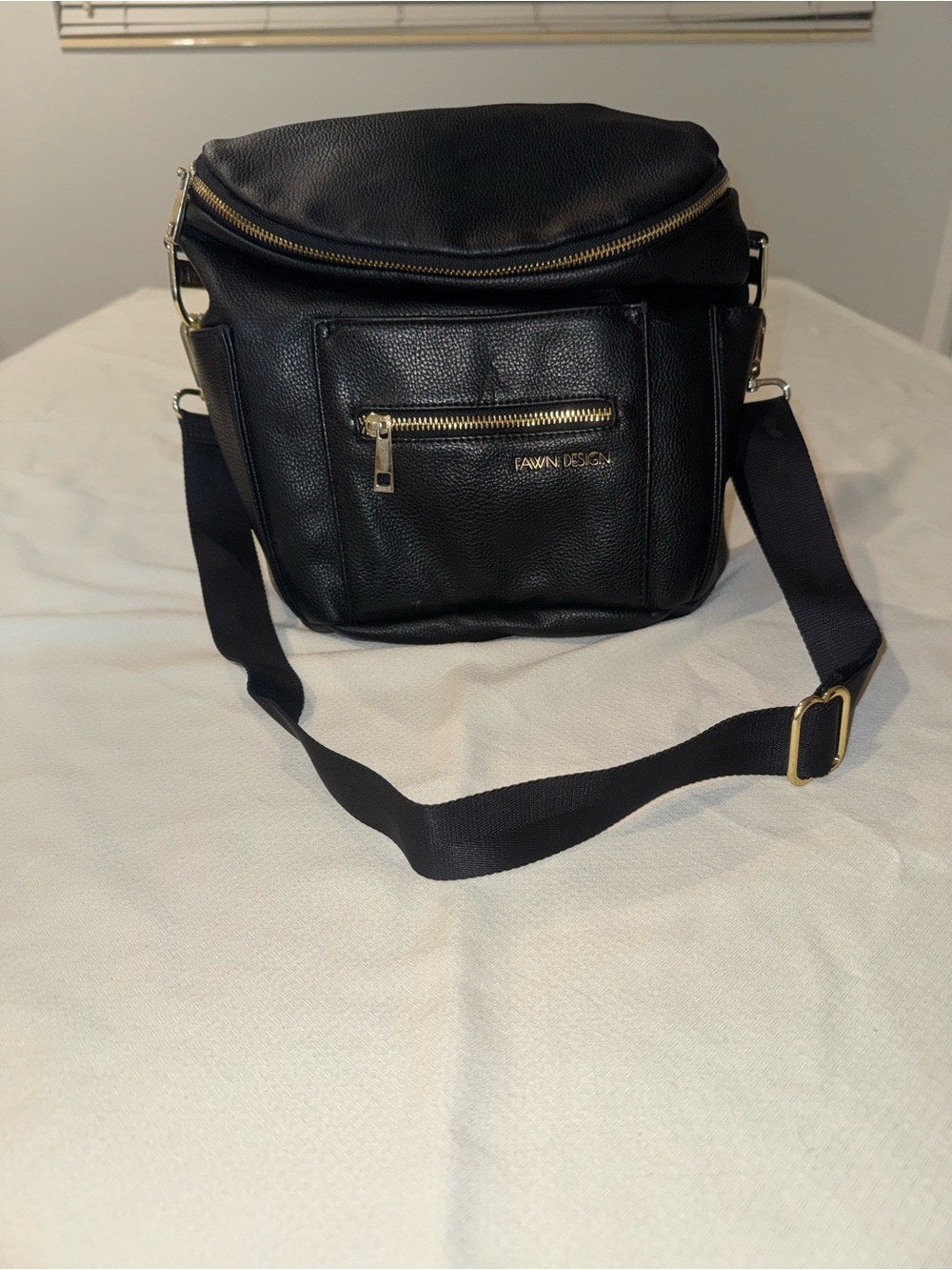 EUC Fawn Design Black Vegan Leather Convertible Backpack Gold Hardware
